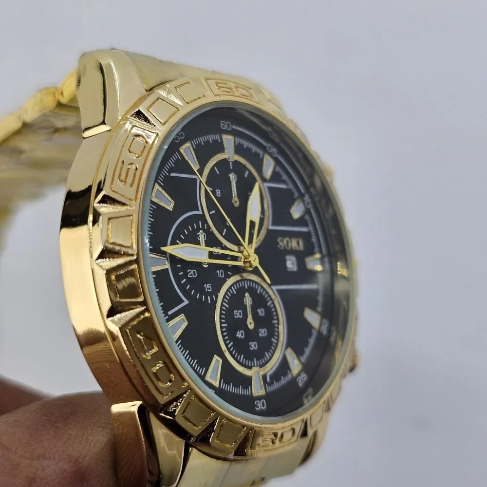Men's Watch Bracelet Set 43MM Black Dial Date Gold‎ Bracelet Band 8